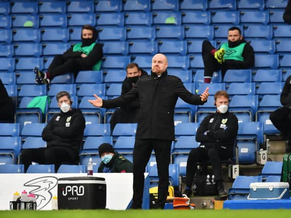 Sean Dyche, Manager of Burnley reacts during the Premier League match between Chelsea and Burnley at Stamford Bridge on January 31, 2021 in London, England.