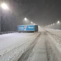 Lorry jacknifed in the snow on the M62 near Rochdale. Pic: West Yorkshire Police