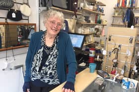 Kath Hancock working at the Pendleside shop in Colne when she was 96