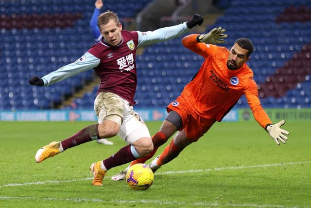 Matej Vydra of Burnley has a shot saved by Robert Sanchez of Brighton & Hove Albion during the Premier League match between Burnley and Brighton & Hove Albion at Turf Moor on February 06, 2021 in Burnley, England.