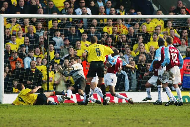 Tommy Smith of Watford scores the opening goal of the match during the FA Cup Quarter Final match between Watford and Burnley held on March 9, 2003 at Vicarage Road, in Watford, England. Watford won the match 2-0.