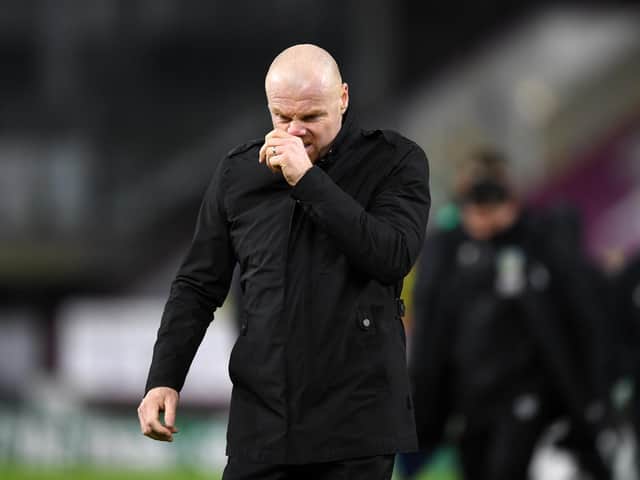 Sean Dyche, Manager of Burnley looks dejected as he leaves the pitch following The Emirates FA Cup Fifth Round match between Burnley and AFC Bournemouth at Turf Moor on February 09, 2021 in Burnley, England.