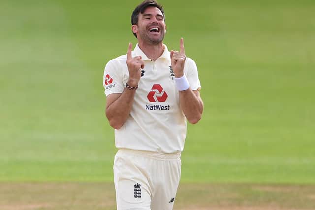 James Anderson of England celebrates after taking the wicket of Azhar Ali of Pakistan to reach 600 Test Match Wickets during Day Five of the 3rd #RaiseTheBat Test Match at the Ageas Bowl on August 25, 2020 in Southampton, England.