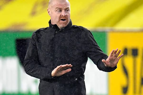 Burnley's English manager Sean Dyche gestures on the touchline during the English Premier League football match between Burnley and Wolverhampton Wanderers at Turf Moor in Burnley, north west England on December 21, 2020.