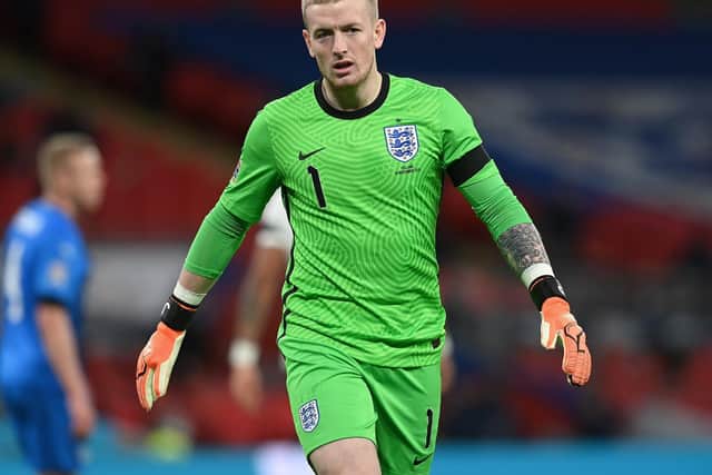 Jordan Pickford of England looks on during the UEFA Nations League group stage match between England and Iceland at Wembley Stadium on November 18, 2020 in London, England.