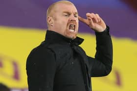 Burnley's English manager Sean Dyche gestures during the English Premier League football match between Burnley and Fulham at Turf Moor in Burnley, north west England on February 17, 2021.