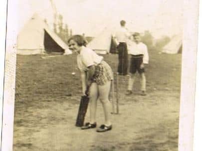 Lady Milena and her sister Eva playing cricket whilst on holiday in Rhyl