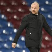 Sean Dyche, Manager of Burnley enters the pitch prior to the Premier League match between Burnley and Fulham at Turf Moor on February 17, 2021 in Burnley, England.