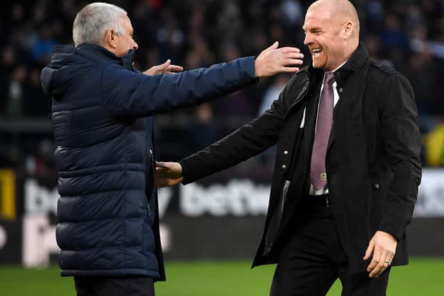 Sean Dyche, Manager of Burnley greets Jose Mourinho, Manager of Tottenham Hotspur during the Premier League match between Burnley FC and Tottenham Hotspur at Turf Moor on March 07, 2020 in Burnley, United Kingdom.