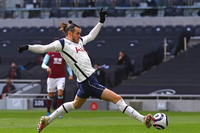 Tottenham Hotspur's Welsh midfielder Gareth Bale scores the opening goal during the English Premier League football match between Tottenham Hotspur and Burnley at Tottenham Hotspur Stadium in London, on February 28, 2021.