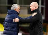 Burnley's English manager Sean Dyche (R) greets Tottenham Hotspur's Portuguese head coach Jose Mourinho (L) ahead of the English Premier League football match at Turf Moor in Burnley, north west England on October 26, 2020.