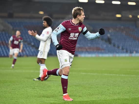 Matej Vydra of Burnley celebrates after scoring their side's first goal during the Premier League match between Burnley and Leicester City at Turf Moor on March 03, 2021 in Burnley, England.