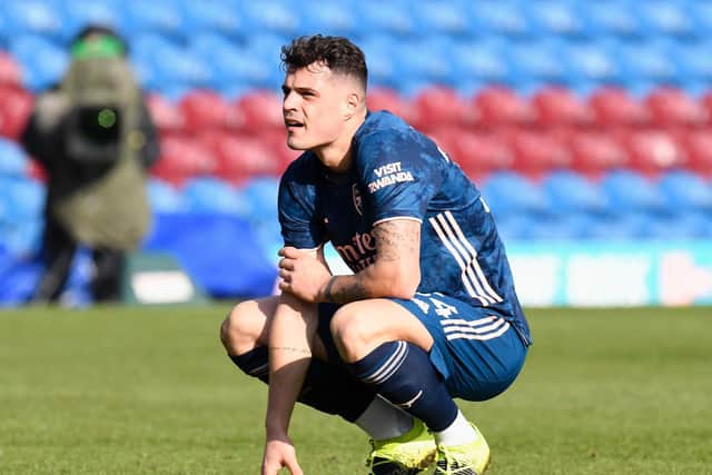 Granit Xhaka of Arsenal looks dejected following the Premier League match between Burnley and Arsenal at Turf Moor on March 06, 2021 in Burnley, England.