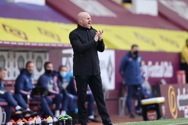 Sean Dyche, Manager of Burnley reacts during the Premier League match between Burnley and Arsenal at Turf Moor on March 06, 2021 in Burnley, England.