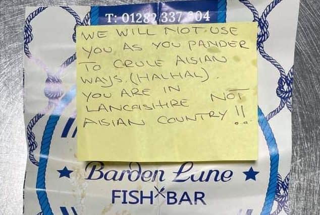 The note that was delivered to Barden Lane Fish Bar