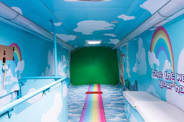 The brightly coloured interior of the pink double decker bus that will be transformed into a mobile library for children in Padiham
