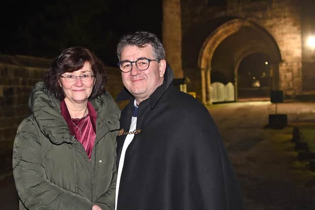 Pictured outside after the licensing service are Rev. Adam Thomas, the new Director of Whalley Abbey, and his wife Cathy