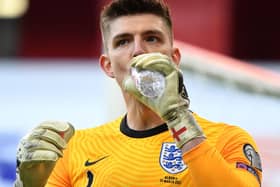 England's goalkeeper Nick Pope drinks water during the FIFA World Cup Qatar 2022 qualification Group I football match between Albania and England at the Air Albania Stadium, in Tirana on March 28, 2021.