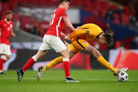 Nick Pope of England is fouled by Krzysztof Piatek of Poland