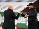 Sean Dyche, Manager of Burnley and Ralph Hasenhuttl, Manager of Southampton interact prior to the Premier League match between Burnley and Southampton at Turf Moor on September 26, 2020 in Burnley, England.