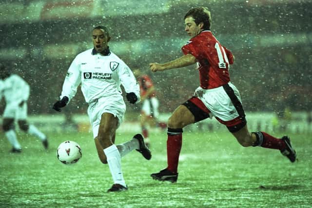 Chris Armstrong of Spurs and Ian Woan of Nottingham Forest - both scored twice in this FA Cup fifth round match at the City Ground in February 1996