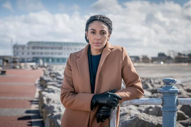 Marsha Thomason in one of the Morecambe locations of the new series of ITV crime drama The Bay. Marsha stars as a new arrival to the bay, DS Jenn Townsend