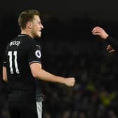Chris Wood of Burnley celebrates with teammate Jeff Hendrick after scoring his team's first goal during the Premier League match between Brighton & Hove Albion and Burnley FC at American Express Community Stadium on February 9, 2019 in Brighton, United Kingdom.