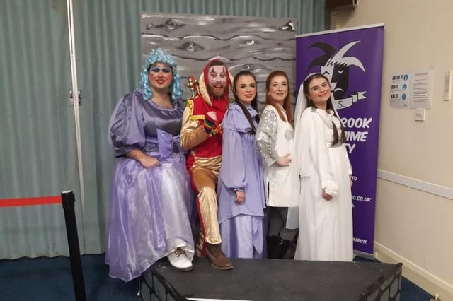Some of the cast of Greenbrook Panto Society's Camelot the Panto (left to right) Ryan Bradley (Connie Clatterbottom)  Martyn Green (Laughalot) Olivia Hirst (Nell) Helen Ingham (Prince Arthur) Emily Greenall (Princess Guinevere)