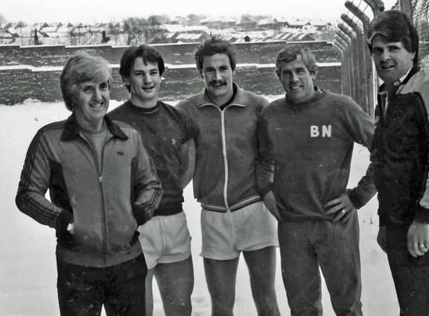 John Bond with players (left to right) Vince Overson, Billy Hamilton, John Benson and John Sainty.   (photo courtesy of Burnley Civic Society)