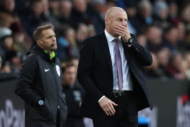 Sean Dyche, Manager of Burnley reacts during the Premier League match between Burnley and West Ham United at Turf Moor on December 12, 2021 in Burnley, England.