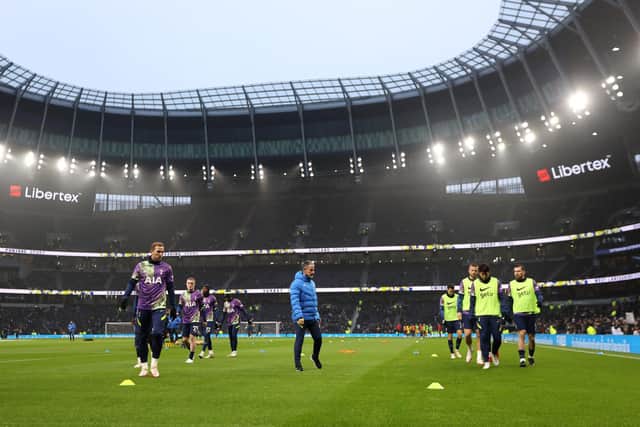 General view inside the stadium as Tottenham Hotspur players warm up prior to the Premier League match between Tottenham Hotspur and Crystal Palace at Tottenham Hotspur Stadium on December 26, 2021 in London, England.
