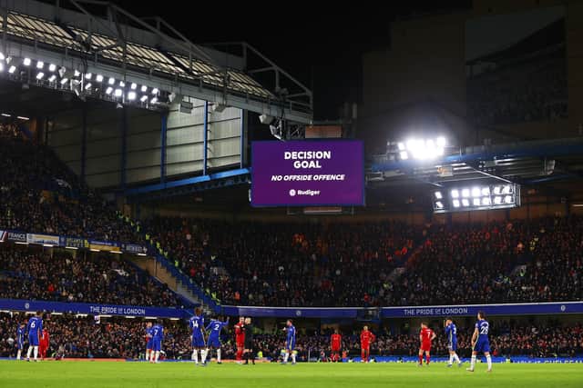 A view of a VAR decision on display inside the stadium during the Premier League match between Chelsea and Liverpool at Stamford Bridge on January 02, 2022 in London, England.