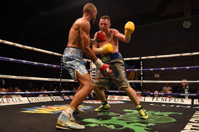 BRENTWOOD, ENGLAND - JUNE 02: Bradley Skeete (left) in boxing action against against /Shayne Singleton during the British Welterweight Title at Brentwood Centre on June 2, 2017 in Brentwood, England. (Photo by Leigh Dawney/Getty Images)