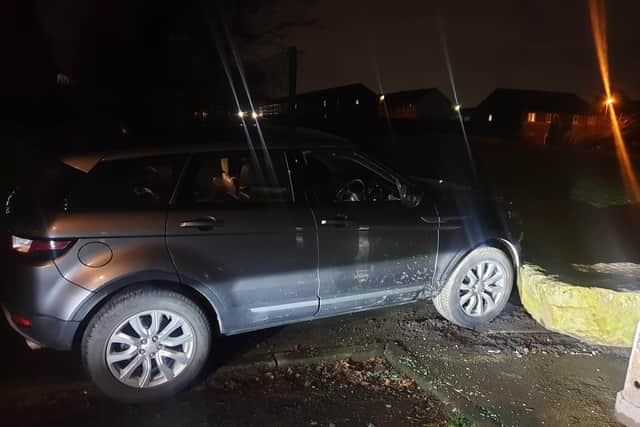 The stolen Range Rover which was chased through Nelson. Photo credit: Greater Manchester Police