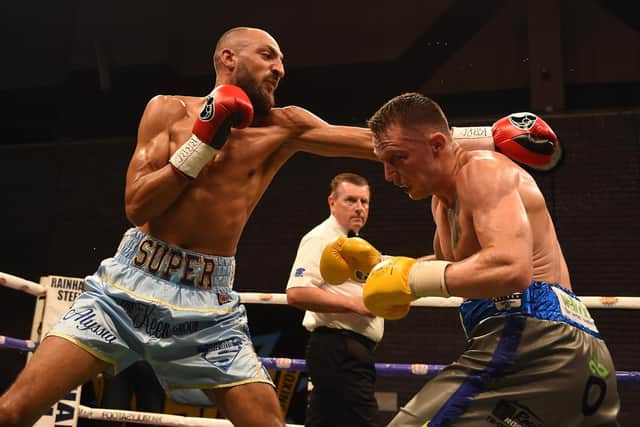 BRENTWOOD, ENGLAND - JUNE 02: Bradley Skeete (left) during the British Welterweight Title fight against Shayne Singleton at Brentwood Centre on June 2, 2017 in Brentwood, England.