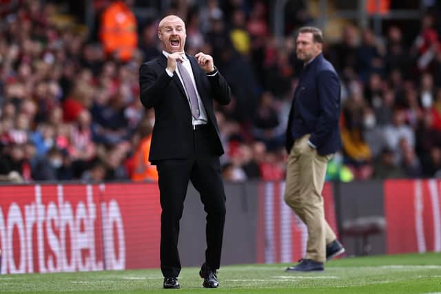 Sean Dyche, Manager of Burnley reacts during the Premier League match between Southampton and Burnley at St Mary's Stadium on October 23, 2021 in Southampton, England.