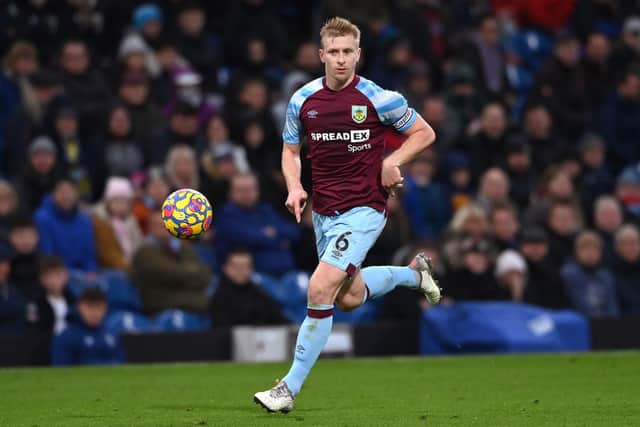 Burnley defender Ben Mee in action during the Premier League match between Burnley and West Ham United at Turf Moor on December 12, 2021 in Burnley, England.