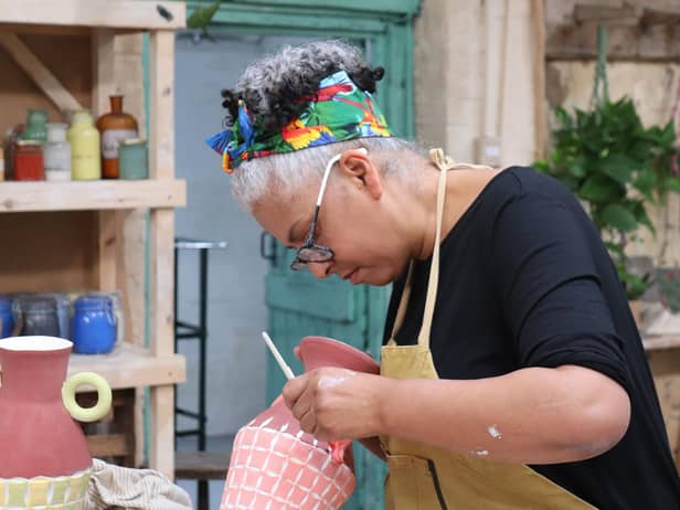 Christine pictured at work on the ceramics which featured in last night's The Great Pottery Throwdown on Channel 4 TV    photo: Love Productions