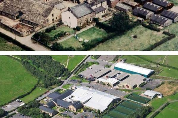 The original Crow Wood Dairy Farm (top) and the Crow Hotel and Spa Resort as it is today (below)