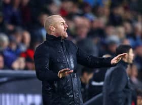 Sean Dyche, Manager of Burnley gestures during the Premier League match between Burnley and Manchester United at Turf Moor on February 08, 2022 in Burnley, England.