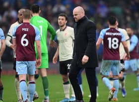 Sean Dyche, Manager of Burnley looks on after the Premier League match between Burnley and Liverpool at Turf Moor on February 13, 2022 in Burnley, England.