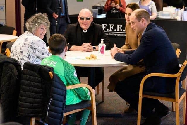 Deacon Glover and his great grandma Carole Ellis meet the Duke and Duchess of Cambridge with Pastor Mick Fleming during the visit to Church on the Street in Burnley