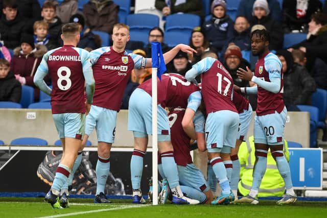 Wout Weghorst of Burnley celebrates with team mates after scoring their side's first goal during the Premier League match between Brighton & Hove Albion and Burnley at American Express Community Stadium on February 19, 2022 in Brighton, England.