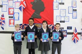 Pupils from St James' Lanehead Primary School celebrate a good Ofsted rating