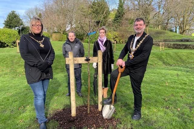 Clitheroe town Mayor and Mayoress, Coun. Simon and Donna O’Rourke, together with Ribble Valley Borough Council countryside officer Dave Hewitt and town clerk Cathy Holmes.