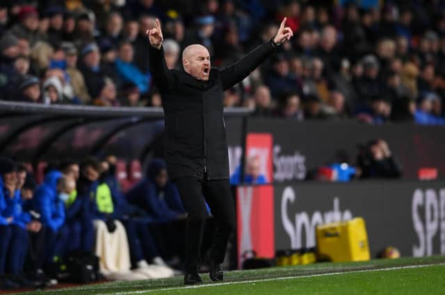 Sean Dyche, Manager of Burnley reacts during the Premier League match between Burnley and Tottenham Hotspur at Turf Moor on February 23, 2022 in Burnley, England.