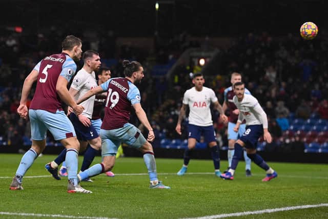 Jay Rodriguez of Burnley misses a chance during the Premier League match between Burnley and Tottenham Hotspur at Turf Moor on February 23, 2022 in Burnley, England.