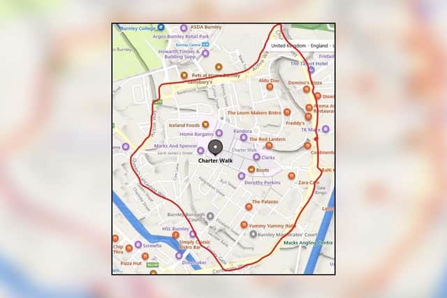 The map shows the second dispersal order put in place by police in response to continued incidents of anti social behaviour and criminal damage in Burnley town centre