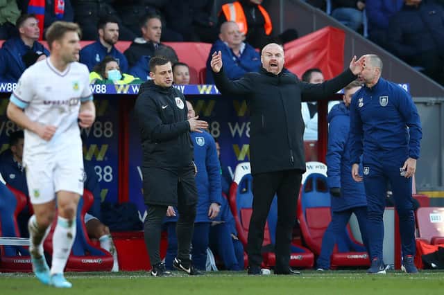 Sean Dyche, Manager of Burnley reacts during the Premier League match between Crystal Palace and Burnley at Selhurst Park on February 26, 2022 in London, England.