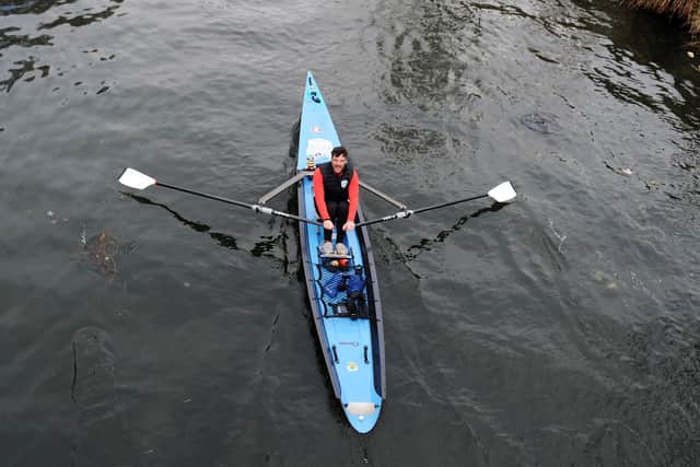 Burnley's Radio 1 DJ and TV reality star Jordan North set off on his epic 100 mile rowing challenge today with foghorn blasts and bagpipes playing.